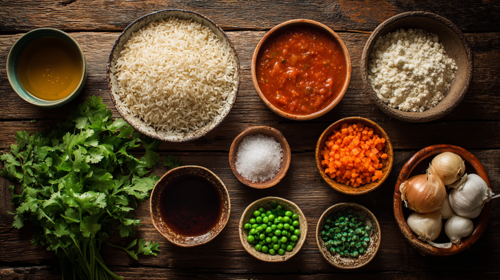 Flat-lay composition of ingredients for Mexican Rice